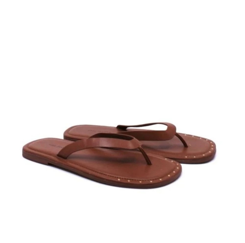 Free People Women's Cognac Brown Leather Studded Flip Flop Sandals Size 10 - Picture 8 of 9
